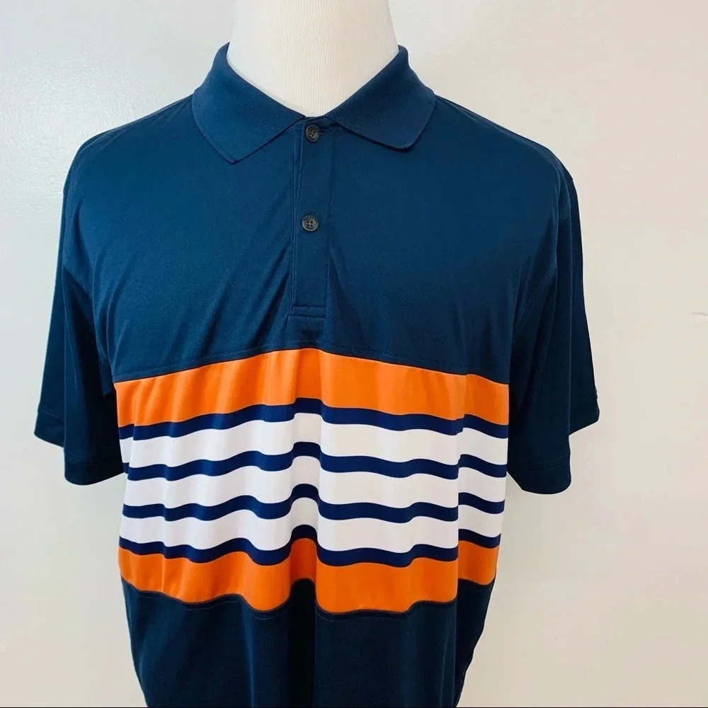 Tabasco Sport‎ Golf Polo Shirt Men Large Blue Orange Stripe Travel Casual Work